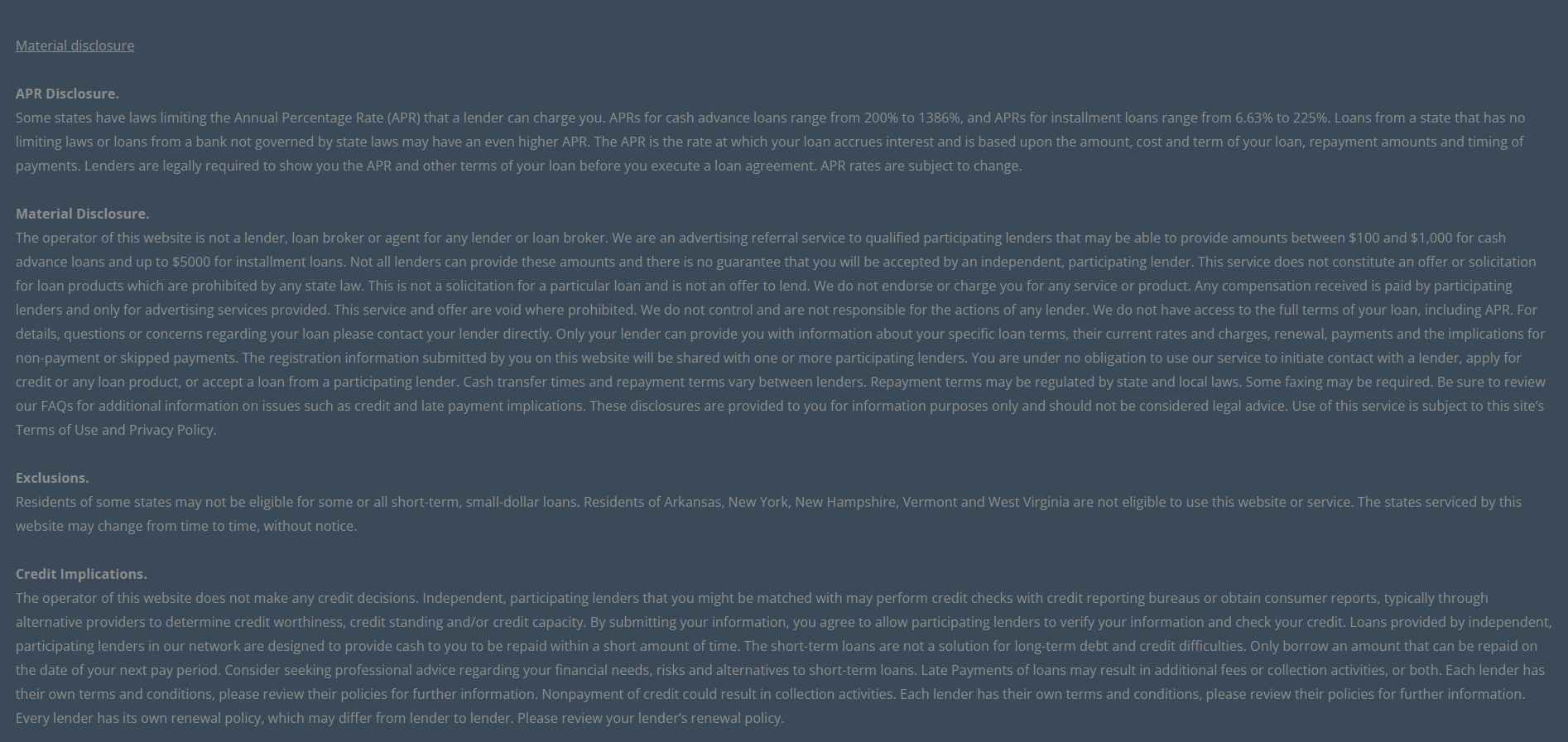 Material disclosure for payday loans in Huntsville Alabama